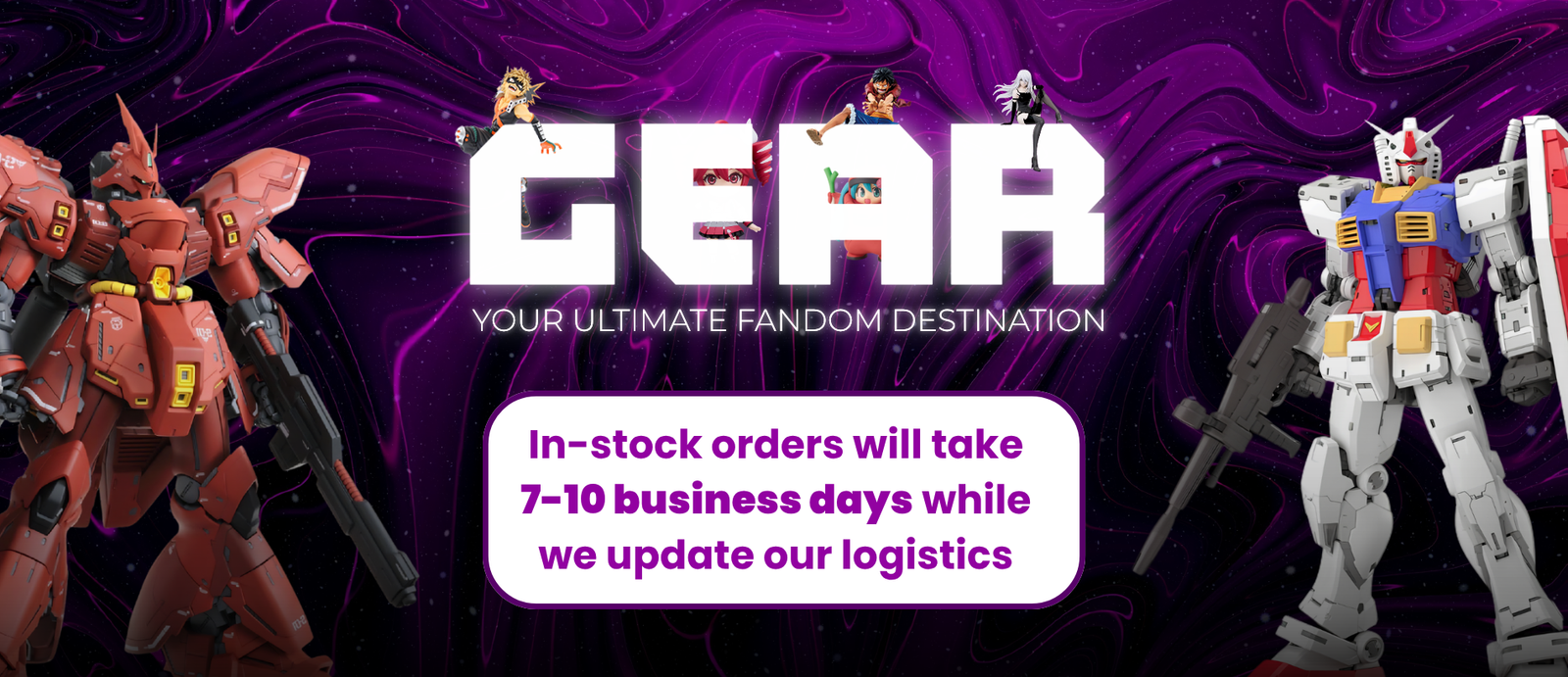 The Gear Store homepage banner for anime figures, model kits, Nendoroids, Beyblades, and blind boxes