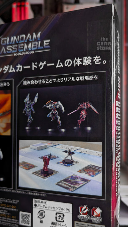 PC02A box panel showing the three painted Gundam Assemble miniatures and figures placed on cards during play