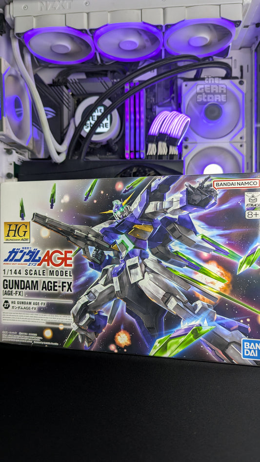 Box front of the HG 1/144 Gundam AGE-FX kit, showing the suit firing its green C-Funnels