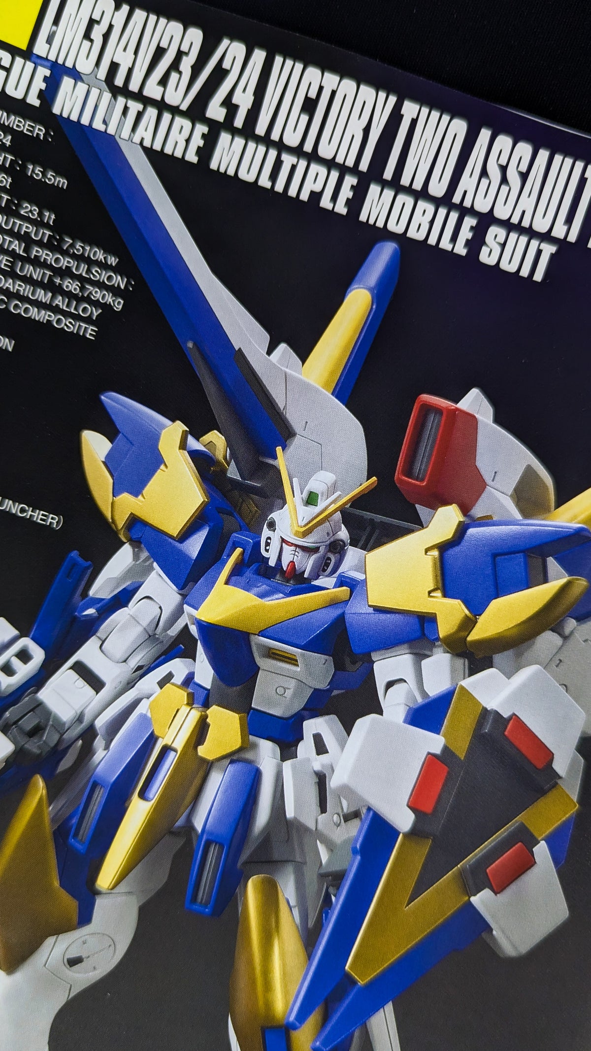 Box panel listing the V2 Assault Buster Gundam specifications