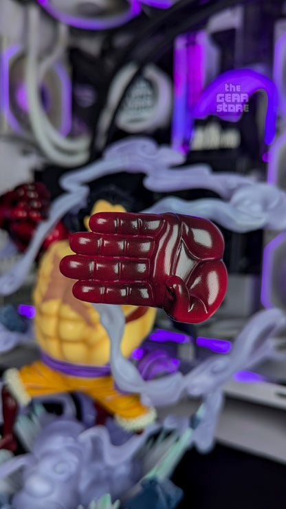 Straight-on close-up of Luffy's giant Haki-coated fist, with the figure blurred behind it