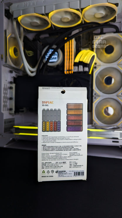 Back of the DSPIAE SS-S01 box showing the five-compartment grit case and usage instructions