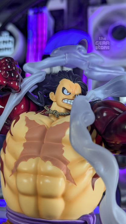 Gear 4 Luffy's face and inflated chest with the flame-pattern Haki markings