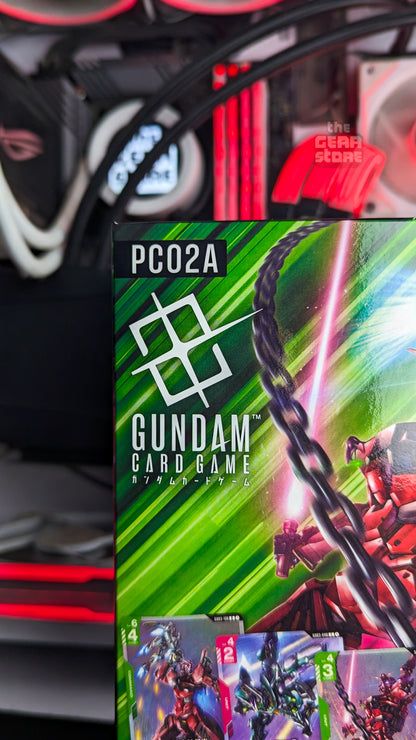 PC02A product code and Gundam Card Game logo on the corner of the box