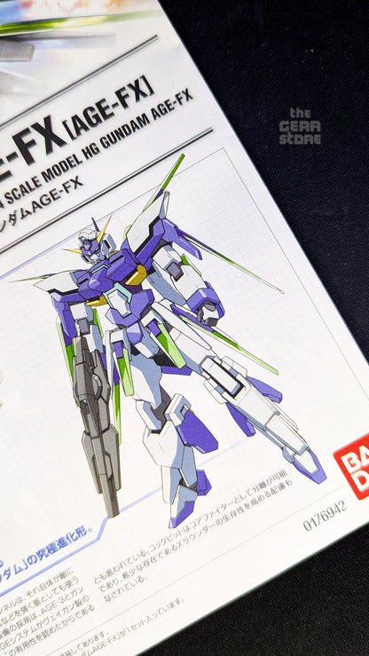Manual page with line art of the completed Gundam AGE-FX and the HG 1/144 kit title