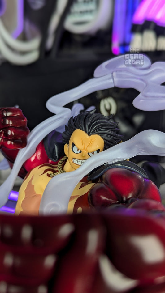 Gear 4 Luffy's angry face framed behind his Haki-coated fist and steam effects