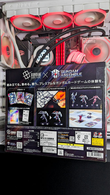 Back of the PC02A Gundam Assemble Set box showing the cards, bonus pack, build steps and set contents